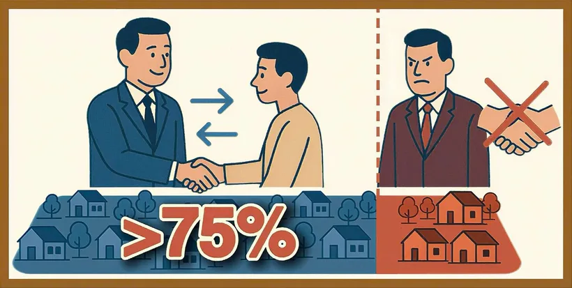 Minh họa cơ chế thu hồi đất khi vượt ngưỡng đồng thuận 75%.